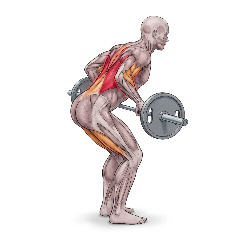 Anatomical illustration of the Barbell Bent-Over Row