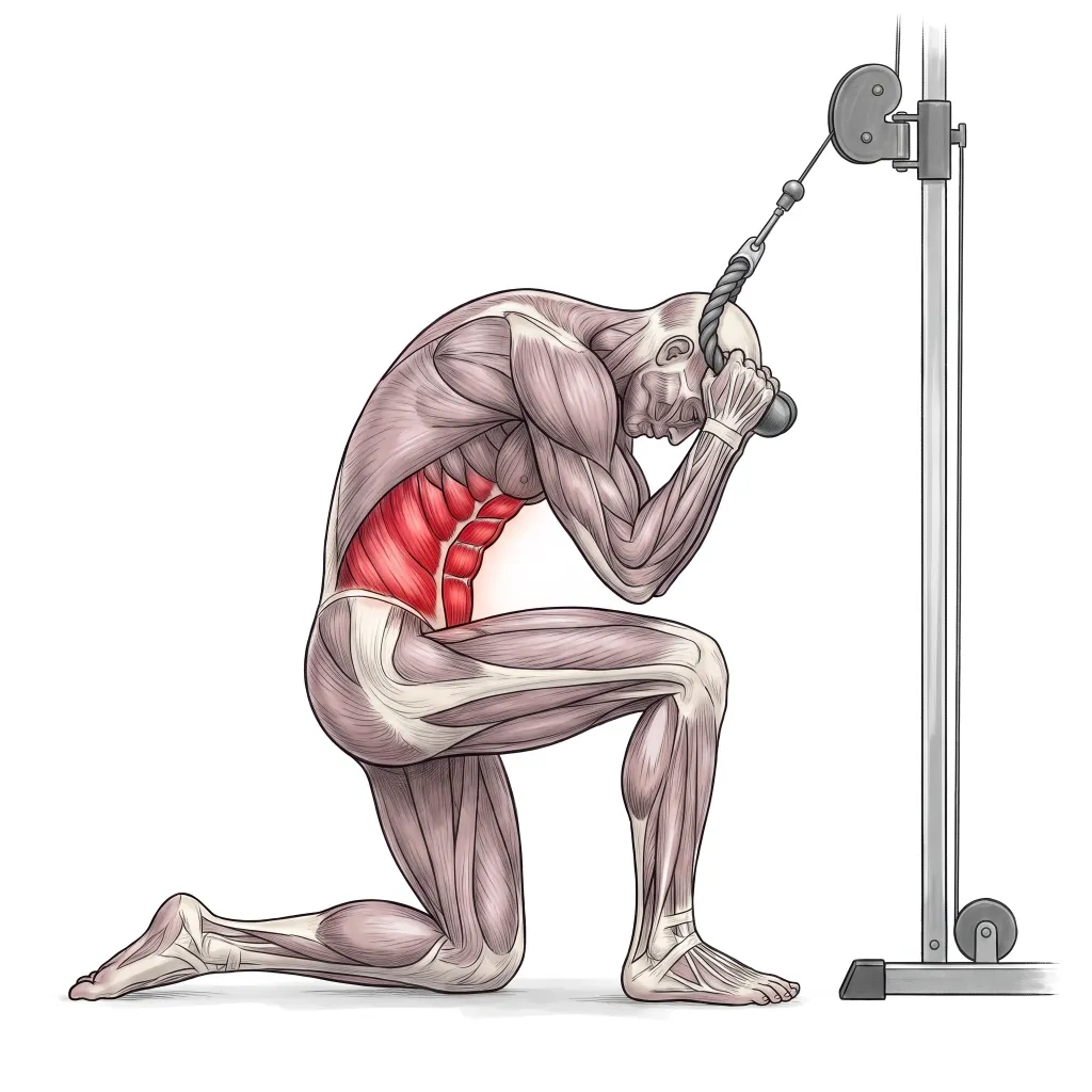 Anatomische Illustration: Crunches am Kabelzug