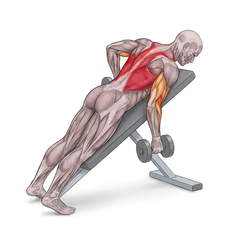 Anatomical illustration of the Chest-Supported Dumbbell Row