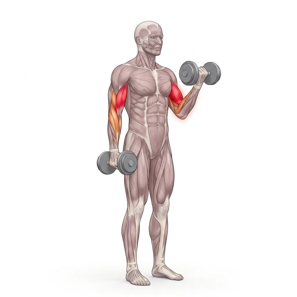 Anatomical illustration of the Dumbbell Biceps Curl
