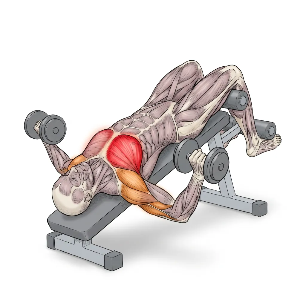 Anatomical illustration of the Decline Dumbbell Press