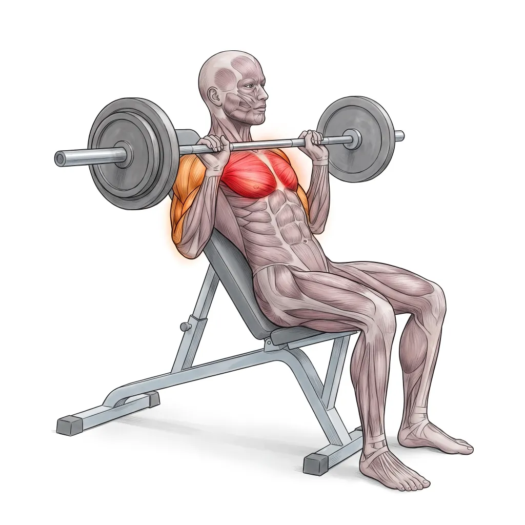 Anatomical illustration of the Barbell Incline Bench Press