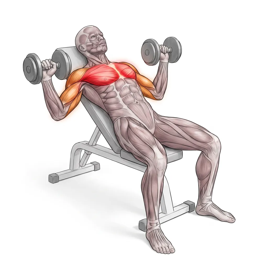 Anatomische Illustration: Kurzhantel-Schrägbankdrücken