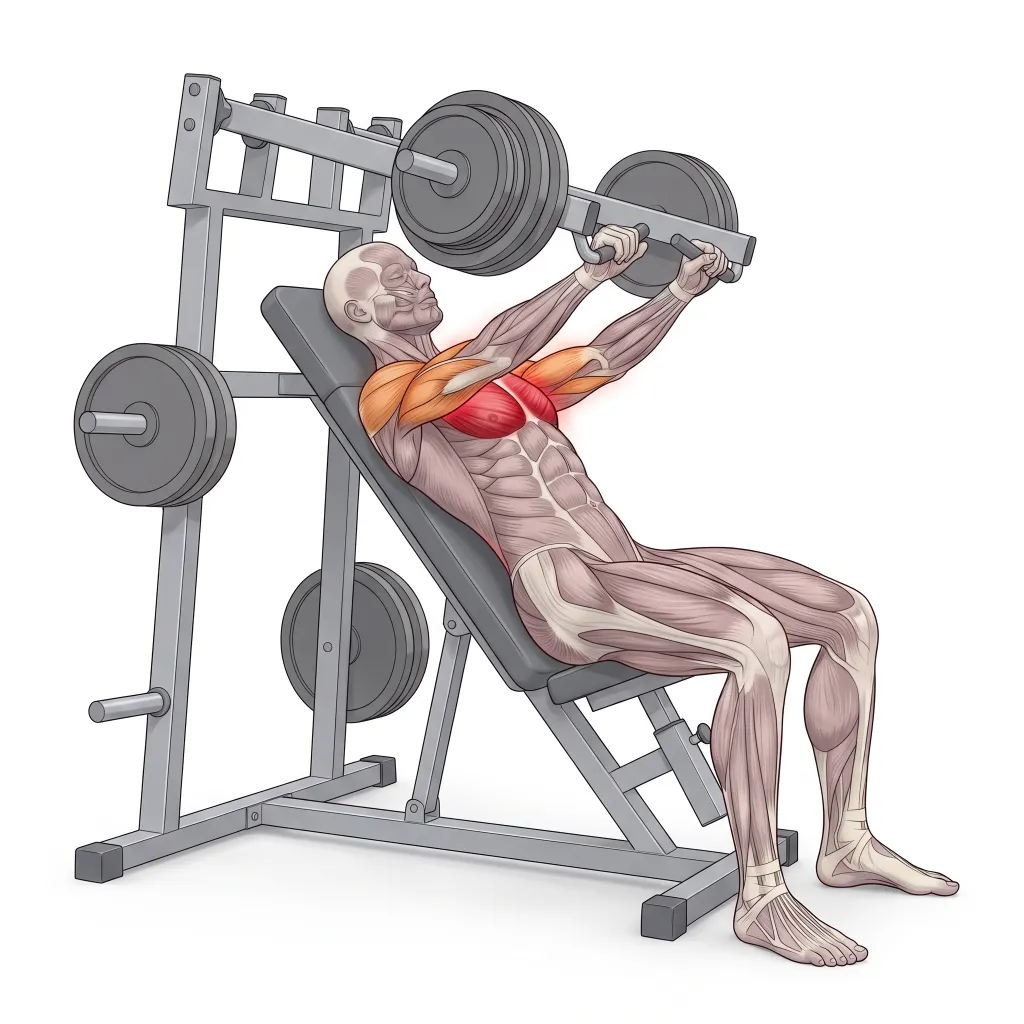 Anatomical illustration of the Incline Lever Chest Press