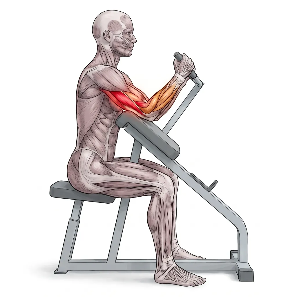 Anatomische Illustration: Trizepsdrücken an der Maschine