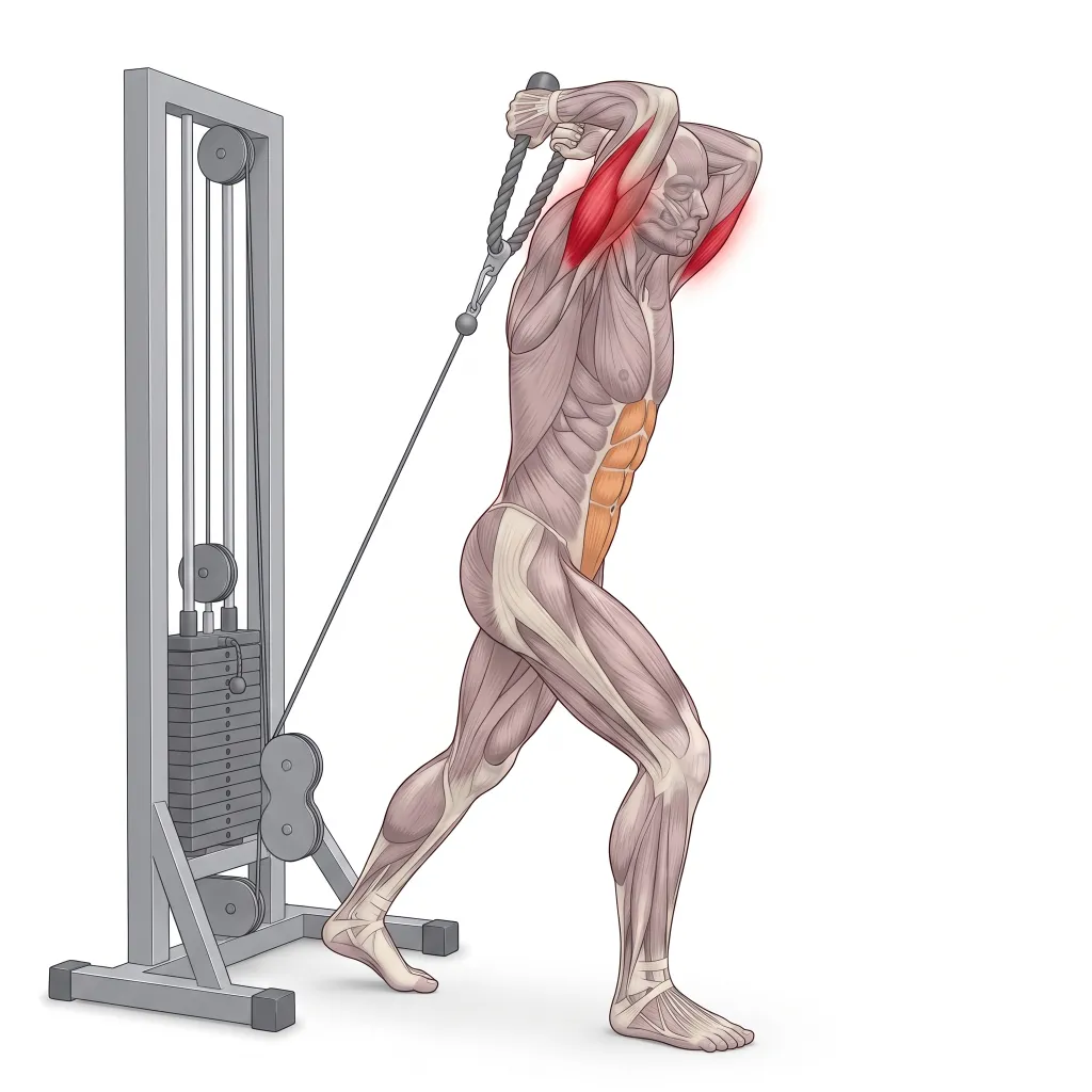 Illustration anatomique : Extension triceps à la poulie au-dessus de la tête