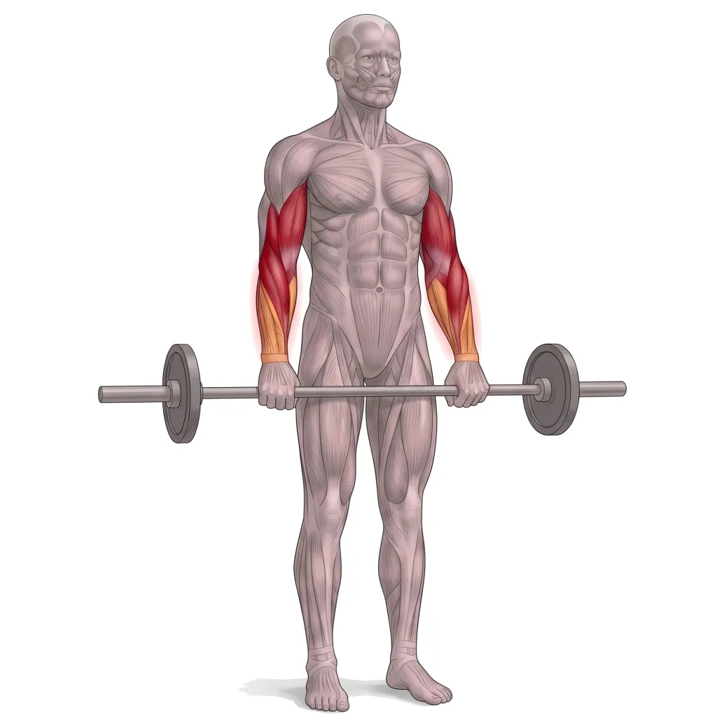 Anatomical illustration of the Barbell Reverse Curl