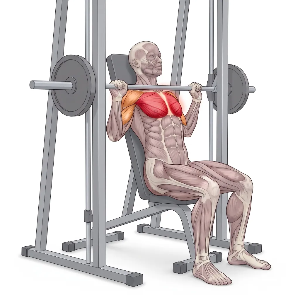 Anatomische Illustration: Schrägbankdrücken an der Multipresse